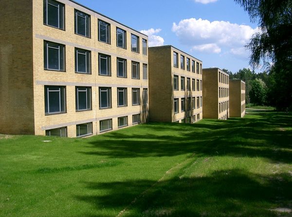 Quaderförmige Gebäudeblöcke mit einheitlicher Fassadengestaltung an einer grünen Wiese