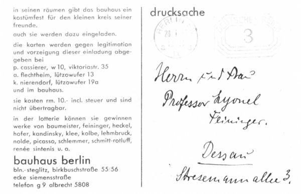 Gedruckte Einladung zum letzten Bauhaus-Fest, handschriftlich adressiert an Lyonel Feininger
