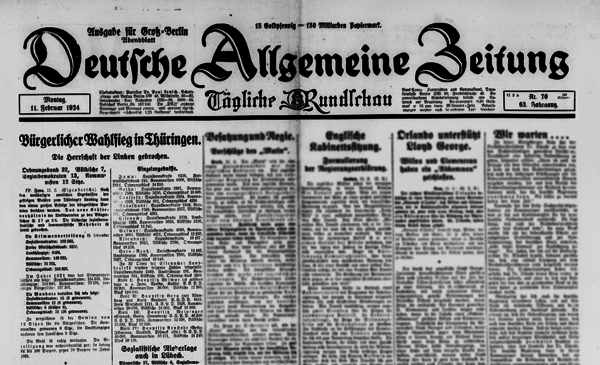 Titelseite der Deutschen Allgemeinen Zeitung vom 11. Februar 1924