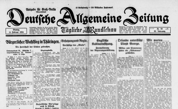 Titelseite der Deutschen Allgemeinen Zeitung vom 11. Februar 1924